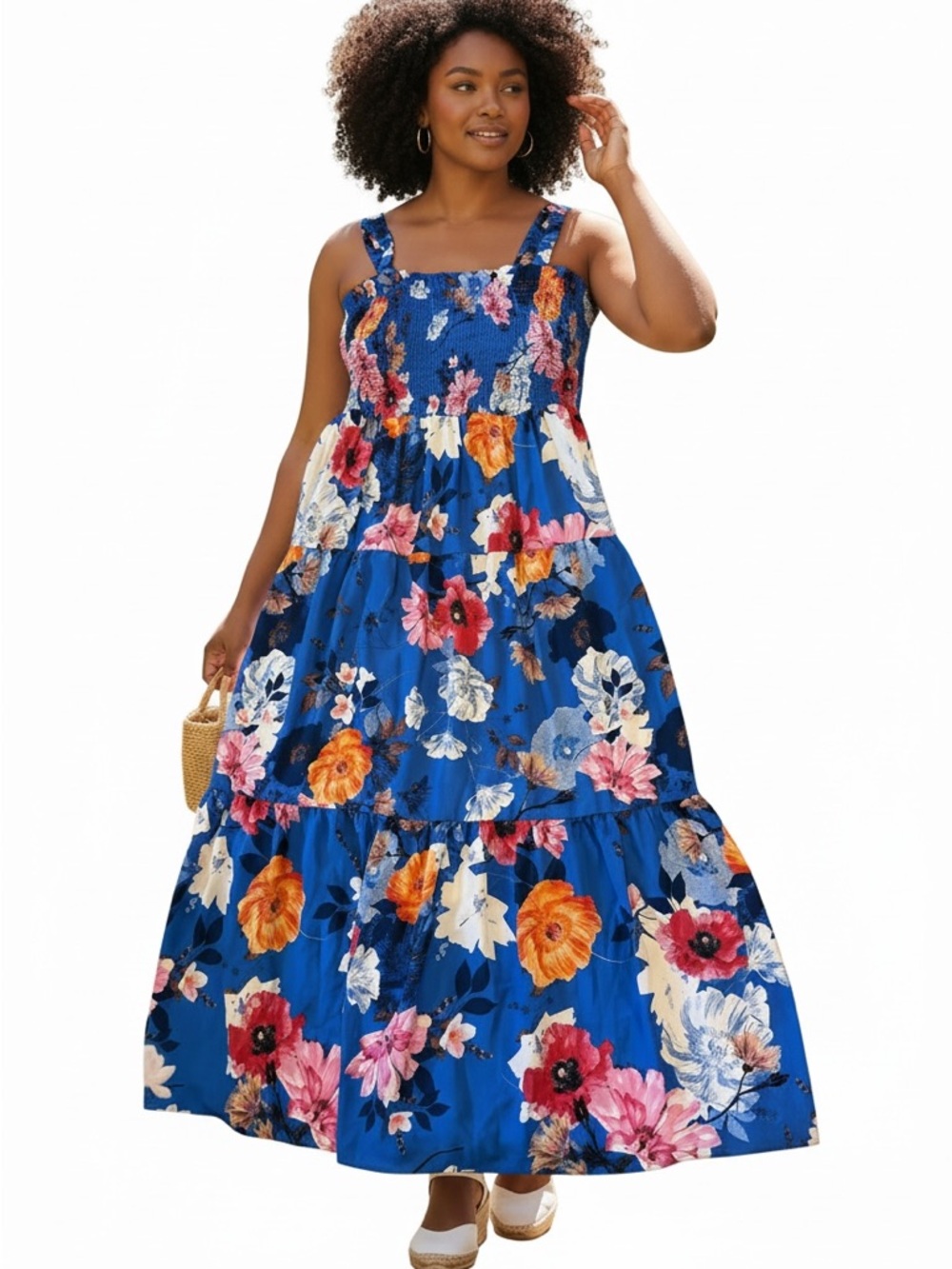 Tinsel Blue Floral Smocked Maxi Dress with Orange Accents NWT Size LP